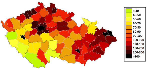 Плотность населения Чехии по районам