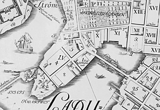 Blasieholmen på Petrus Tillaeus karta från 1733 (norr är till höger).