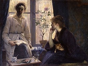 Contre-jour (ou Le Thé de Cinq Heures), Louise Breslau, 1883. Musée des Beaux-Arts de Berne. Le tableau représente l'artiste à l'heure du thé avec sa compagne Madeleine Zillhardt.