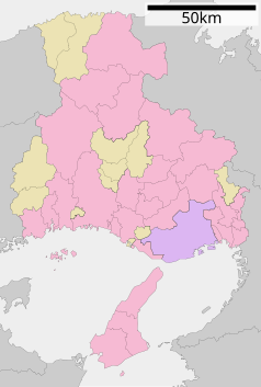 Mapa konturowa prefektury Hyōgo, po lewej znajduje się punkt z opisem „Tatsuno”