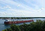 A large ship travels along a large river bordered by vegetation on one bank and urban development on the other.