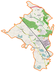 Mapa konturowa gminy Zdzieszowice, blisko górnej krawiędzi znajduje się punkt z opisem „Dalnie”