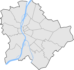 Mapa konturowa Budapesztu, blisko centrum na lewo znajduje się punkt z opisem „Uniwersytet Techniczno-Ekonomiczny w Budapeszcie”