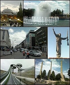 Top left: Lala Kara Mustafa Pasha Mosque, Top right: Erzurum Poolside, Middle left: Cumhuriyet avenue, Top right: Statue of Nene Hatun, Bottom left: Kiremitliktepe Ski Jump, Bottom right: The Statue of Liberty in Erzurum