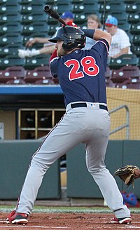 A man in a navy blue baseball jersey and gray pants standing at bat.