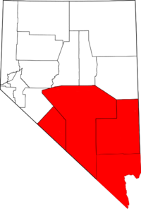 The counties most commonly associated with Southern Nevada with Mineral County not shown in red