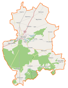 Mapa konturowa gminy Miłosław, blisko centrum na lewo znajduje się punkt z opisem „Miłosław”