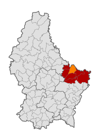 Map of Luxembourg with Berdorf highlighted in orange, and the canton in dark red