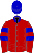 Red jacket with blue stripes on arms, blue collar and blue helmet