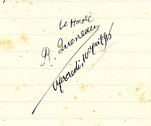 Signature de Raymond Queneau sur un cahier d'écolier, conservée à la Bibliothèque Armand Salacrou