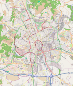 Mapa konturowa Brna, w centrum znajduje się punkt z opisem „Katedra Świętych Apostołów Piotrai Pawła”