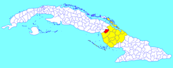 Céspedes municipality (red) within Camagüey Province (yellow) and Cuba