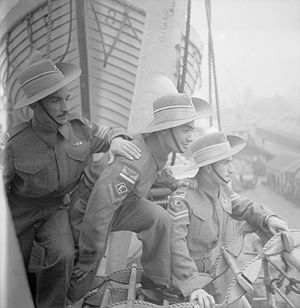 Three members of the RAF Levies arrive at Liverpool aboard SS Orbita in 1946