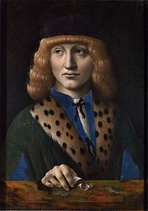 Portrait peint de face d'un homme regardant vers la gauche aux cheveux longs et blonds