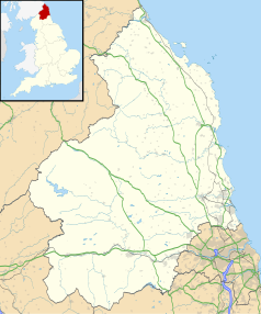 Mapa konturowa Northumberland, blisko centrum na prawo znajduje się punkt z opisem „Rothbury”