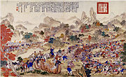 Zhao Hui was unable to take Yarkand, moved east but was forced to retreat by the rebels, who lay siege to him at the Black River. In 1759, Zhao Hui learnt of the imminent arrival of relief troops, and so stormed the rebel town and brought the rebellion to an end. By Giuseppe Castiglione.