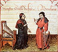 Guillaume Dufay (à gauche) et Gilles Binchois (à droite), représentés dans une illustration du Champion des Dames de Martin Le Franc, Arras, 1451