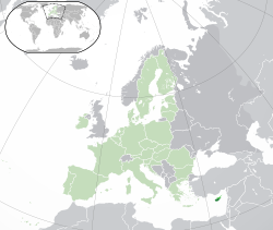 ocation of Cyprus (pictured lower right), showing the Republic of Cyprus in darker green and the self-declared republic of Northern Cyprus in brighter green, with the rest of the European Union shown in faded green
