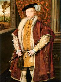 Eduardo VI da Inglaterra usando um gibão comprido com um manto vermelho. 1546.