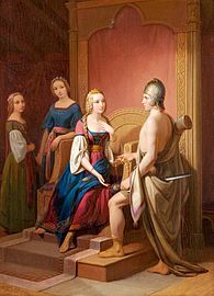 Heimdal öfverlemnar till Freja smycket Bryfing (Heimdallr returns the necklace Bryfing to Freyja), 1845