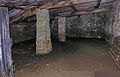 Bergerie en pierre sèche et à toiture à une seule pente, couverte de tules canal, à Bliauge à Mons, dans le Var : les pannes sont soutenues par une file de piliers maçonnés