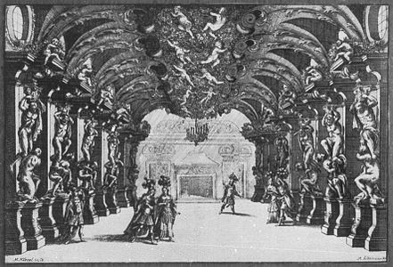 Bühnenbild der Oper Camillo Generoso von Carlo Luigi Pietragrua im Jahr 1693 im Opernhaus am Taschenberg