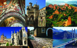 Main sights from the province of León. From left to right: Pantheon of San Isidoro, Ponferrada castle, Las Médulas, Astorga, Castrillo de los Polvazares, Barrios de Luna Reservoir.