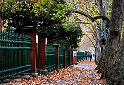 This is a photograph of a footpath along the southern fence of the University of Adelaide on War Memorial Drive in winter.