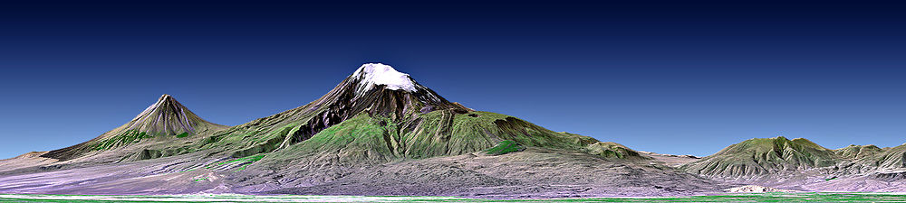 'n Driedimensionele NASA-beeld met die twee pieke van berg Ararat