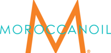 turquoise-colored "Moroccanoil" text in all caps, with a large orange-colored capital M in the background