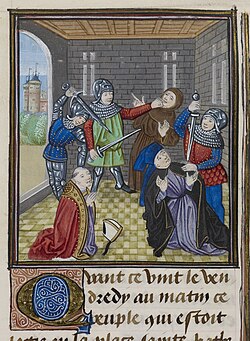 Murder of Simon Sudbury - Froissart, Chroniques de France et d'Angleterre, Book II (c.1460-1480), f.172 - BL Royal MS 18 E I.jpg