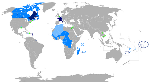 Le français dans le monde : bleu foncé : langue maternelle ; bleu : langue administrative ; bleu clair : langue de culture ; vert : minorités francophones