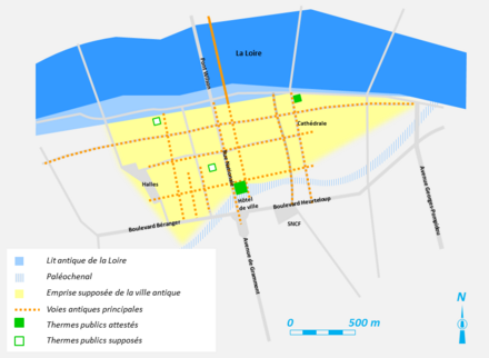 Vue d'une carte replaçant des vestiges antiques dans le plan moderne d'une ville.