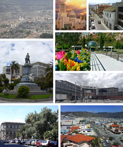 From top, left to right: Panoramic view of the city, Cathedral Basilica of Our Lady of Elevation, Bolivar street, Atocha-La Liria Historical Botanical Garden, Juan Montalvo monument, City hall of Ambato, Cevallos Park and Victor Hugo avenue.