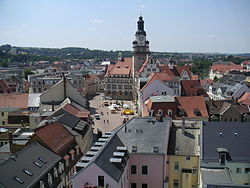 Pohled na staré město, Obermarkt a radnici