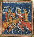 Chevaliers en combat. (British Library, Royal 16 G VI f. 380v, entre 1332 et 1350)