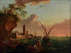 Jean-Baptiste Lallemand (1716-1803), Soleil couchant sur un port méditerranéen.