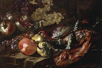 Fish, Grapes and Pomegranates on a Ledge huile sur toile 64,7 × 92,8 cm[3]