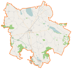 Mapa konturowa powiatu pyrzyckiego, w centrum znajduje się punkt z opisem „Pyrzyce”