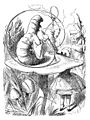 Image 12 Caterpillar, Alice's Adventures in Wonderland Artist: Sir John Tenniel Sir John Tenniel's illustration of the Caterpillar for Lewis Carroll's classic children's book, Alice's Adventures in Wonderland. The illustration is noted for its ambiguous central figure, which can be viewed as having either a human male's face with pointed nose and protruding lower lip or as the head end of an actual caterpillar, with the right three "true" legs visible. The small symbol in the lower left is composed of Tenniel's initials, which was how he signed most of his work for the book. The partially obscured word in the lower left-center is the last name of Edward Dalziel, the engraver of the piece. More selected pictures