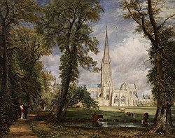 Stolnica v Salisburyju s škofovega posestva c. 1825. Kot gest zahvale Johnu Fisherju, škofu v Salisburyju, ki je naročil to sliko, je Constable na platno vključil škofa in njegovo ženo. Njune figure vidimo na spodnjem levem delu slike, za ograjo in pod senco dreves. Frick Collection, New York