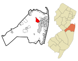 Location of Lincroft in Monmouth County highlighted in red (left). Inset map: Location of Monmouth County in New Jersey highlighted in orange (right).