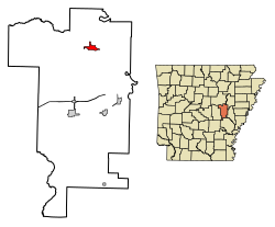 Location of Des Arc in Prairie County, Arkansas.