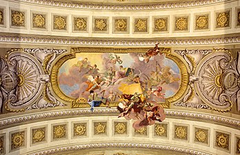 Allégorie de la guerre et de la loi, plafond peint baroque de Daniel Gran (1694-1757), dans le palais du Hofburg à Vienne, dans le hall d’État de la Bibliothèque nationale autrichienne. (définition réelle 3 078 × 1 989)