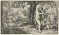 gravure hollandaise représentant Bacchus, Ampélos et le taureau dans un paysage campagnard. La vigne naît d'Ampélos.