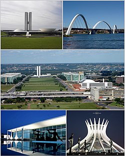 Searah jarum jam dari atas kiri: Kongres Nasional Brasil, Jembatan Juscelino Kubitschek, Monumental Axis, Palácio da Alvorada dan Katedral Brasília.