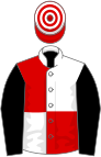 White and red (quartered), black sleeves, red and white hooped cap