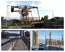 alt=Collage of three pictures. They are all taken during the day. The sky is blue with white clouds on all of them. The picture on top: A bridge on a stream, there is a construction crane of some sort on the bridge. On left side, there is a neatly maintained lawn. Below this picture, there are two photos side-by-side. The photo on the left - picture of road with pedestrian path. In the background, there are houses on both sides of the road, with a traffic light, and a car. In the photo on the right, there are tall buildings on both sides of the road, there are cars and vans parked on both sides of the road.