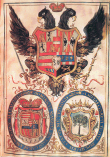 Page de livre ancien, avec en haut un aigle bicéphale recouvert par un blason, et en bas deux cercles bleus contenant chacun un autre blason ; dans la bordure du cercle de gauche on lit DOMINICUS MARZIUS PACECCO GARAFA NONUS DUX MATALONI et dans la bordure du cercle de droite on lit CIVITAS CERRETI TOTIUS SUPERIORIS STATUS METROPOLIS ; l'aigle tient dans sa serre gauche une épée et dans sa serre droite un bâton.