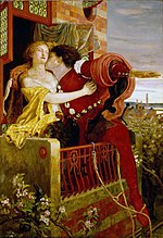 An 1870 oil painting by Ford Madox Brown depicting Romeo and Juliet's famous balcony scene